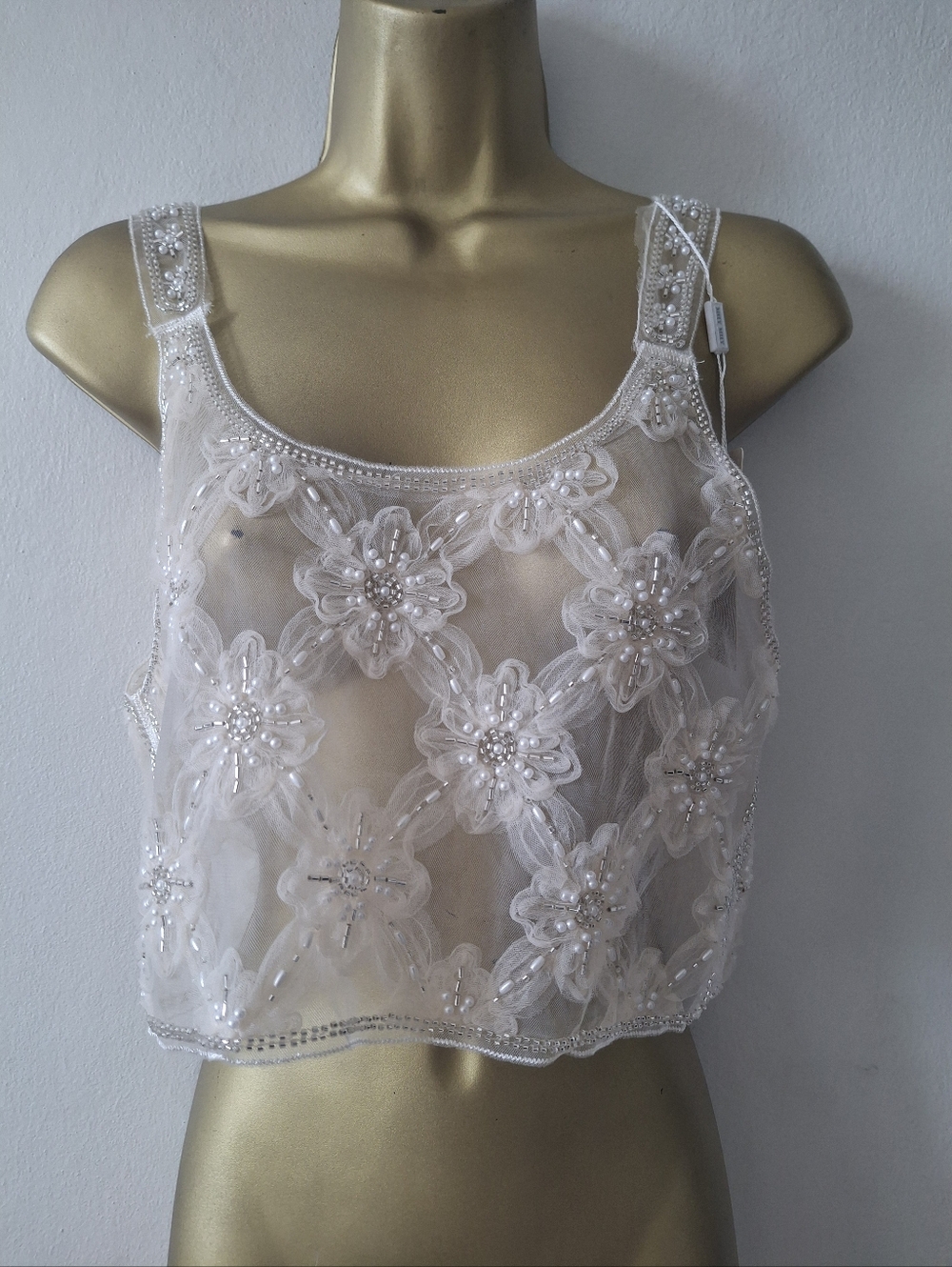 Beaded Floral Sheer Crop Tank Top in Ivory